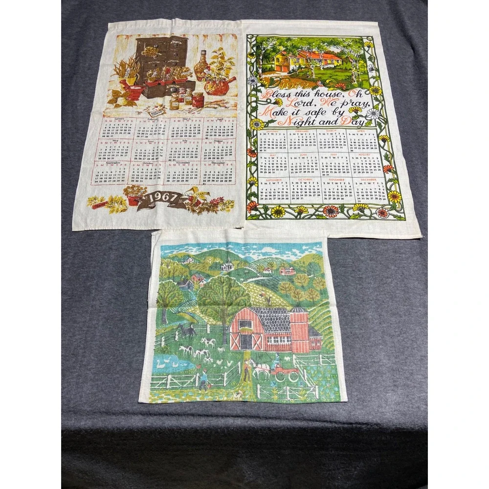Vintage Calendar Tea Towels Lot 3 Multicolor 1967 1972 1973 Linen Farmhouse